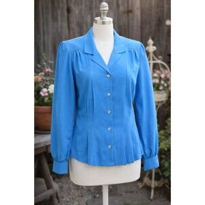 VTG 80s Blue Shoulder Pad Blouse M Retro Pleated Power Top Cottagecore Festival